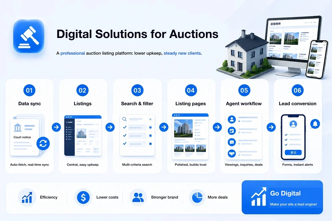 Court auctions: one place that stays in sync with 5,000+ listings across Taiwan