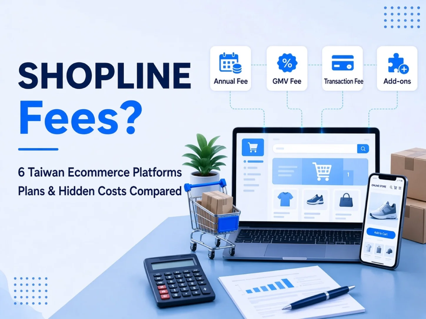 Cover for an ecommerce platform cost comparison: a laptop and phone showing an online store, with cards for annual fee, GMV fee, transaction fee, and add-ons