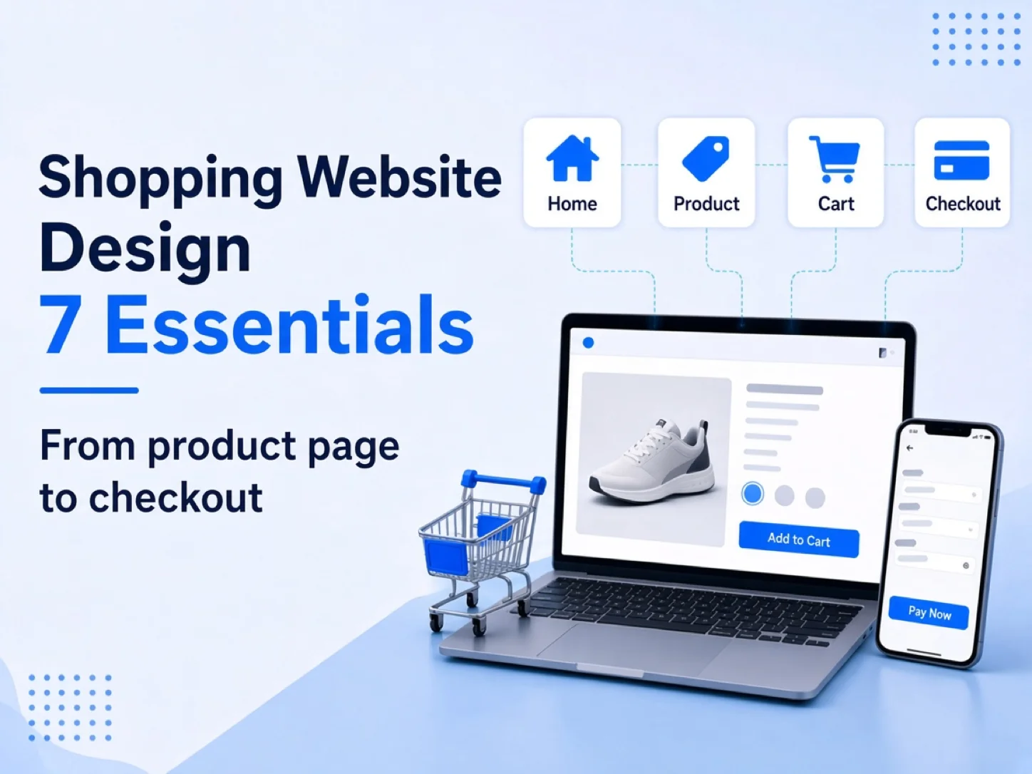Shopping website design cover: a laptop and phone showing a product page and checkout, with cards for home, product, cart, and checkout