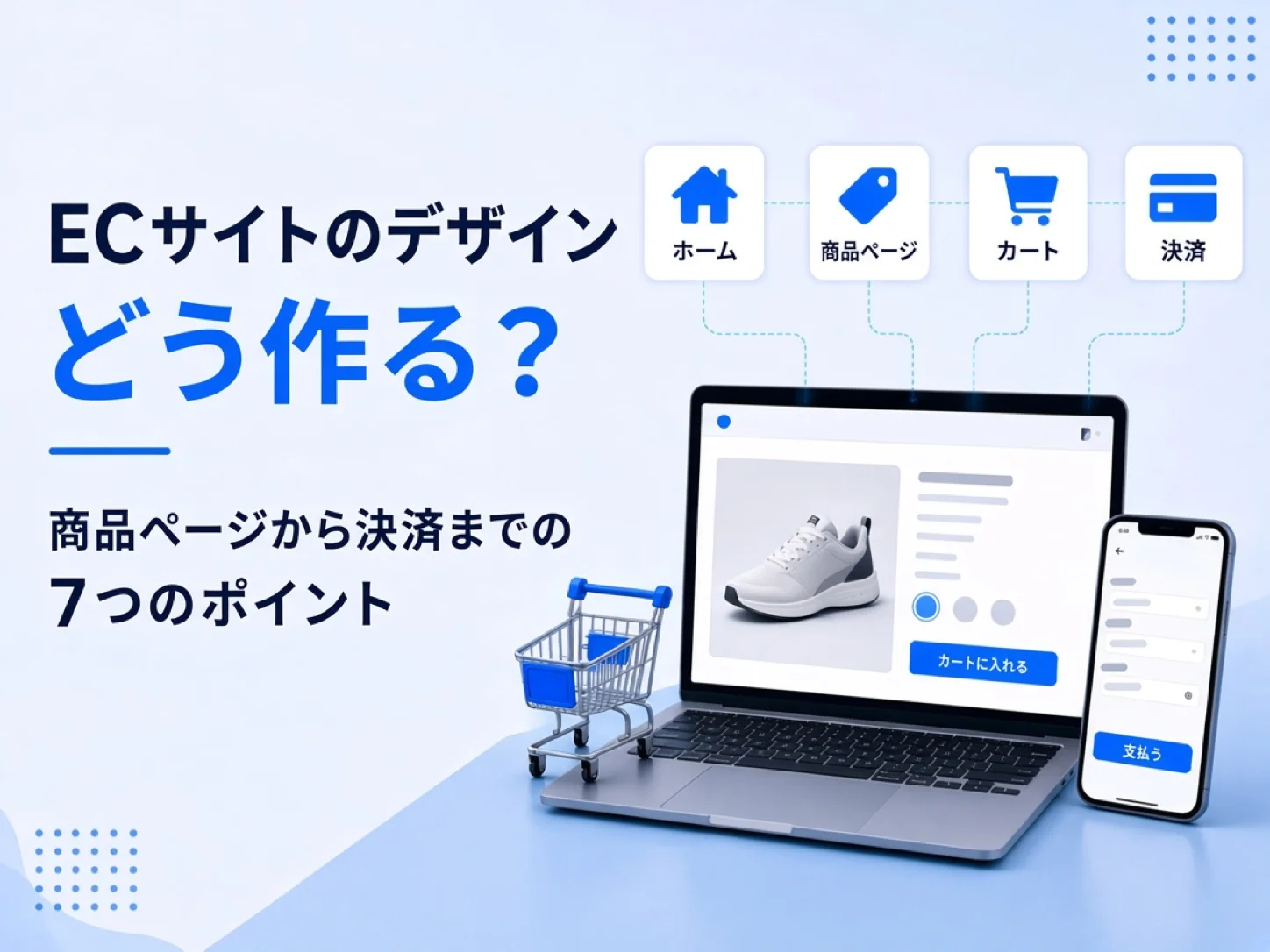 ECサイトのデザインの表紙。ノートPCとスマートフォンに商品ページと決済画面が表示され、ホーム、商品ページ、カート、決済のカードが並ぶ
